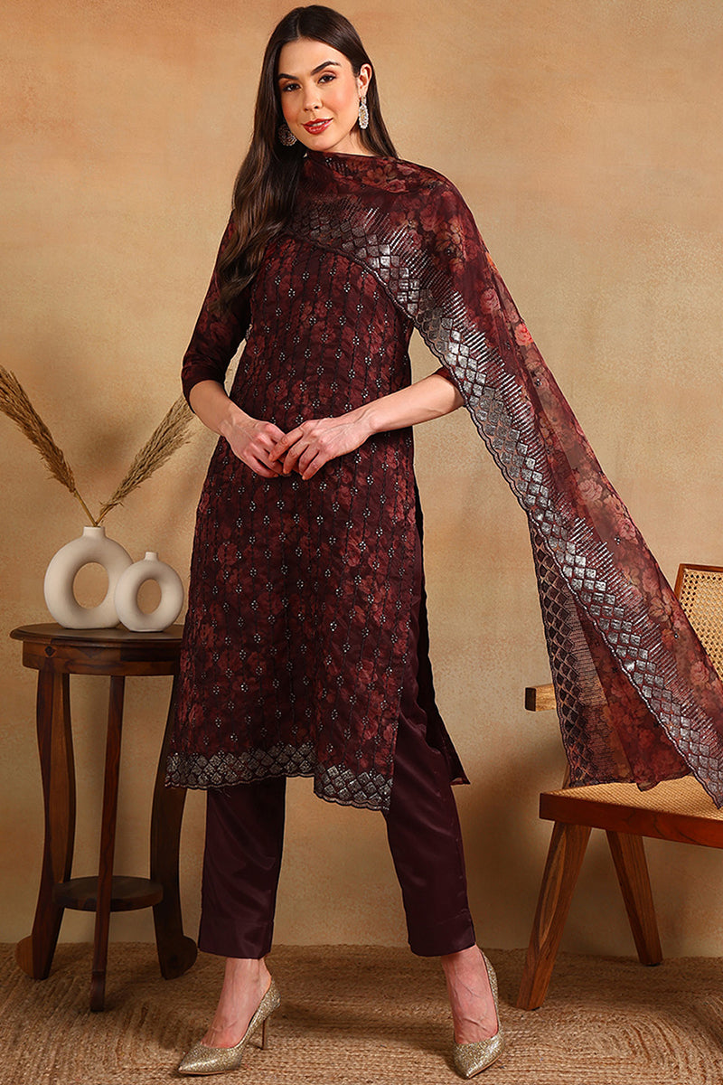 Brown Organza Ethnic Motifs Straight Suit Set PKSKD1798