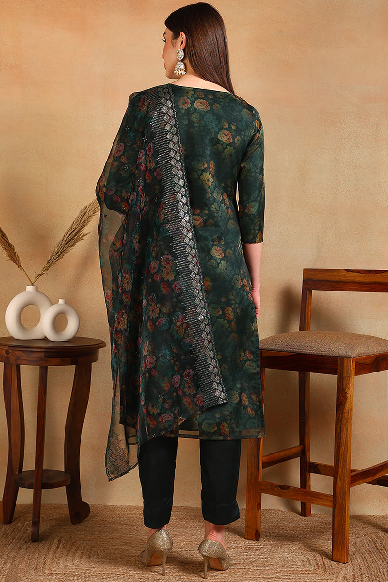 Organza Green Floral Printed Straight Suit Set PKSKD1799