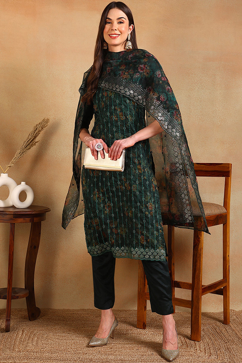 Organza Green Floral Printed Straight Suit Set PKSKD1799