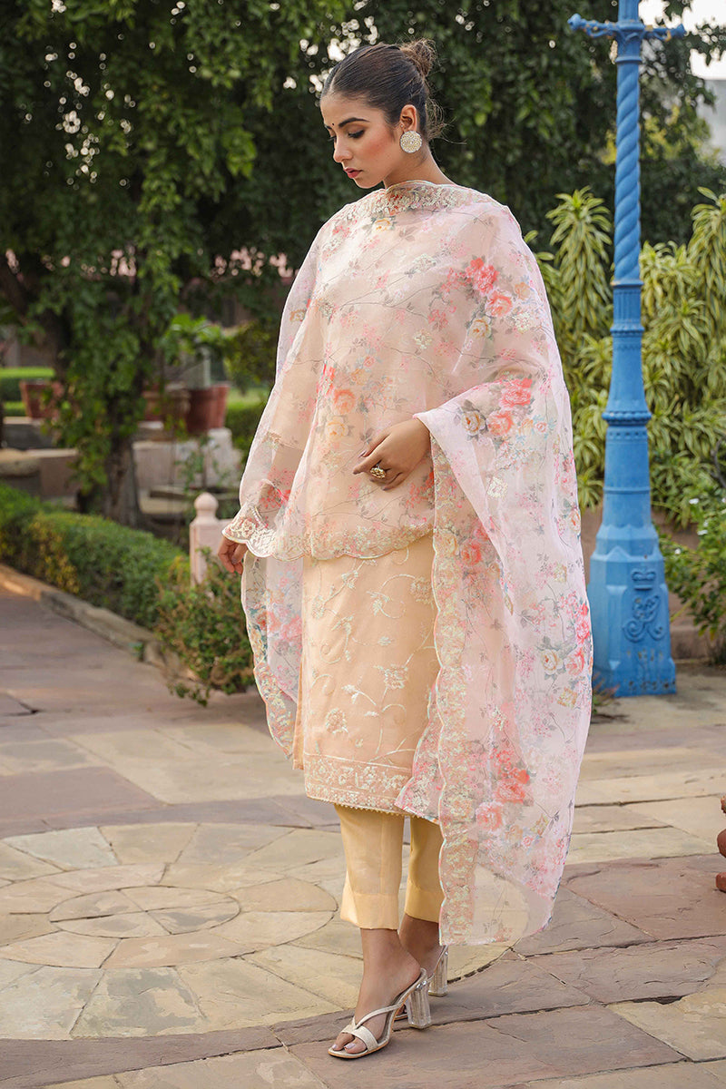 Peach Organza Ethnic Motifs Straight Suit Set PKSKD1800