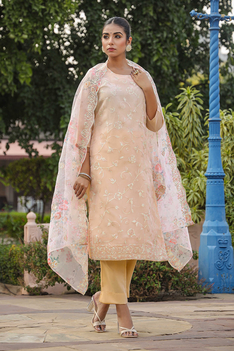 Peach Organza Ethnic Motifs Straight Suit Set PKSKD1800