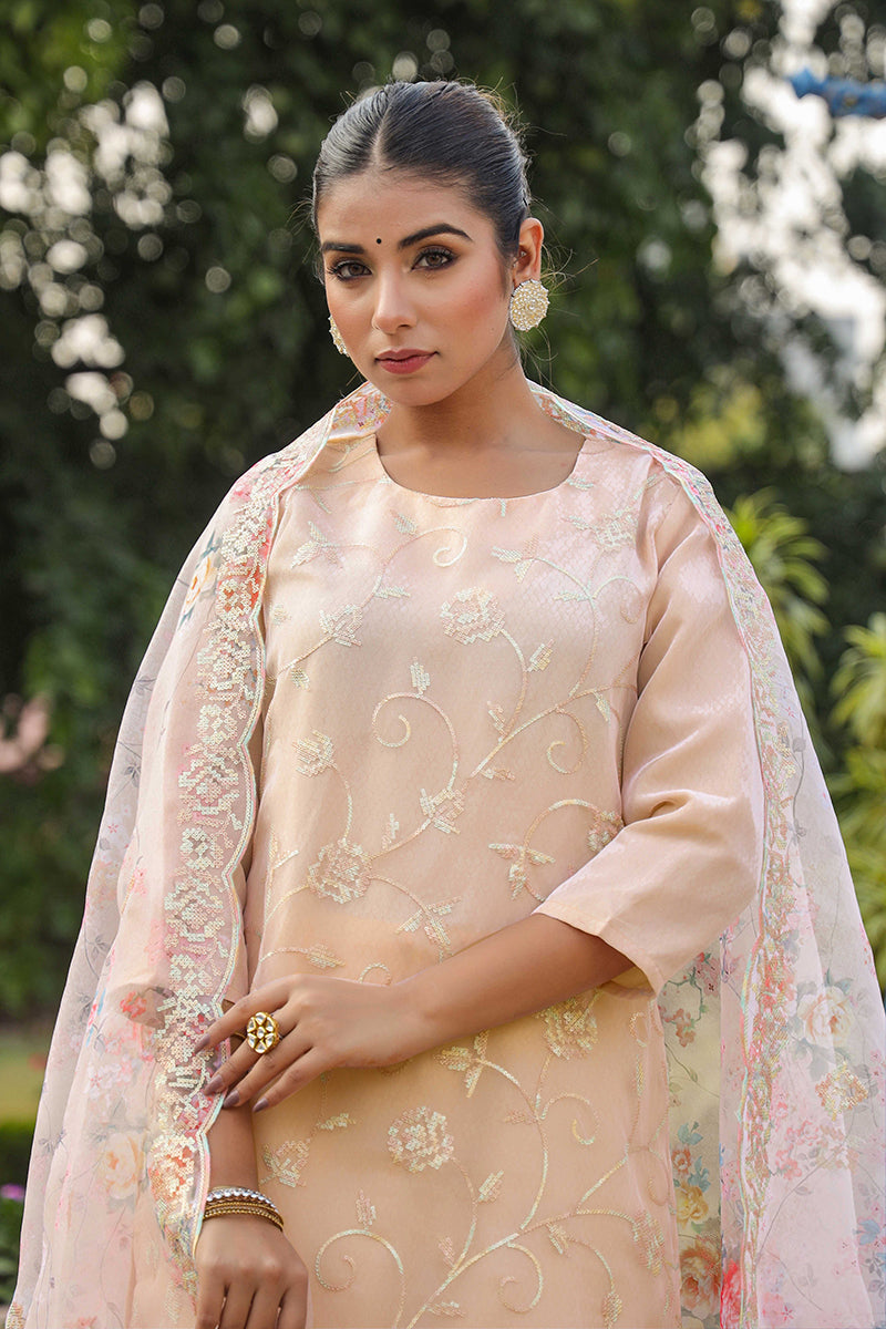 Peach Organza Ethnic Motifs Straight Suit Set PKSKD1800