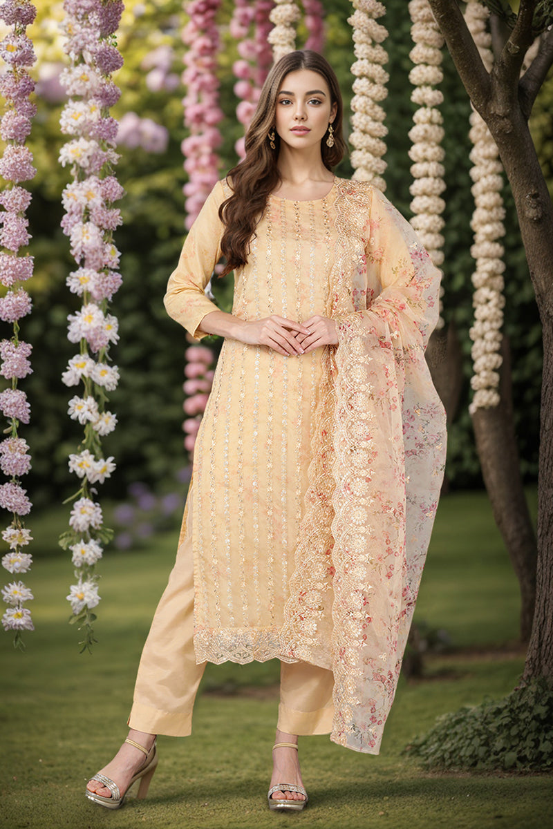 Yellow Organza Ethnic Motifs Straight Suit Set PKSKD1802