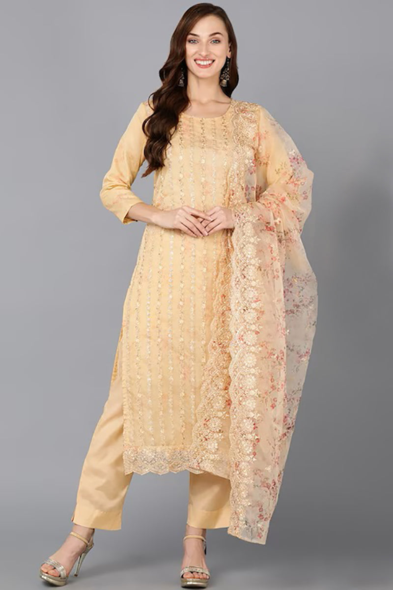 Yellow Organza Ethnic Motifs Straight Suit Set PKSKD1802