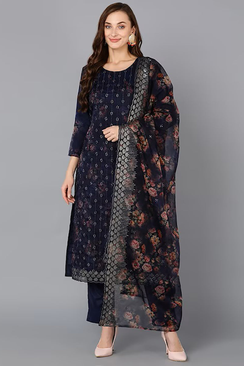 Navy Blue Organza Ethnic Motifs Straight Suit Set PKSKD1804