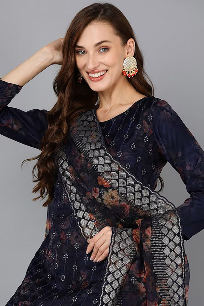 Navy Blue Organza Ethnic Motifs Straight Suit Set PKSKD1804