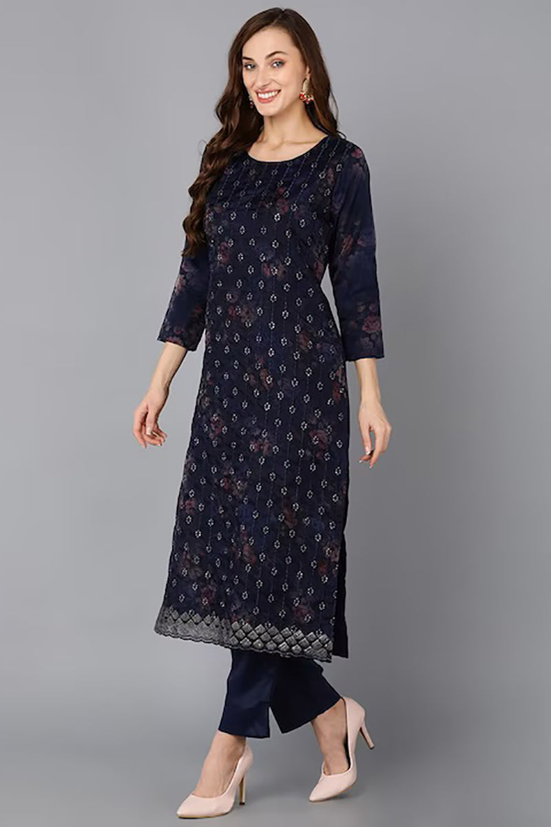 Navy Blue Organza Ethnic Motifs Straight Suit Set PKSKD1804