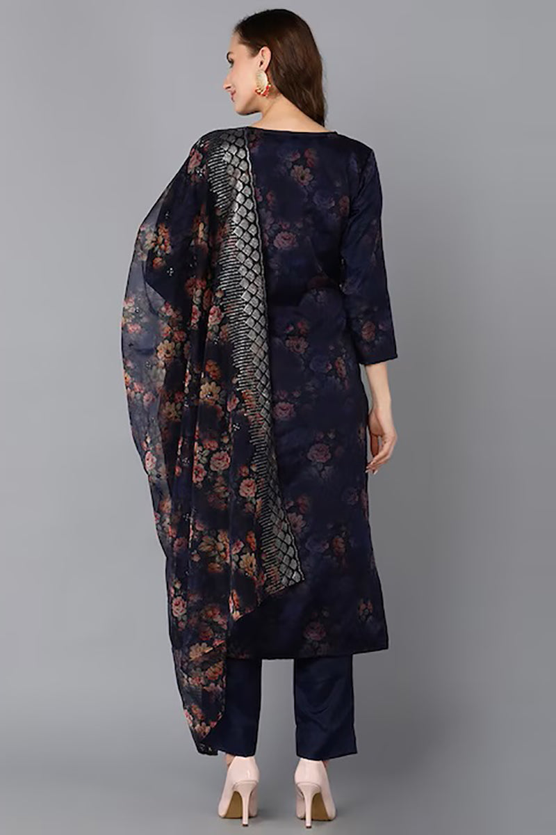 Navy Blue Organza Ethnic Motifs Straight Suit Set PKSKD1804