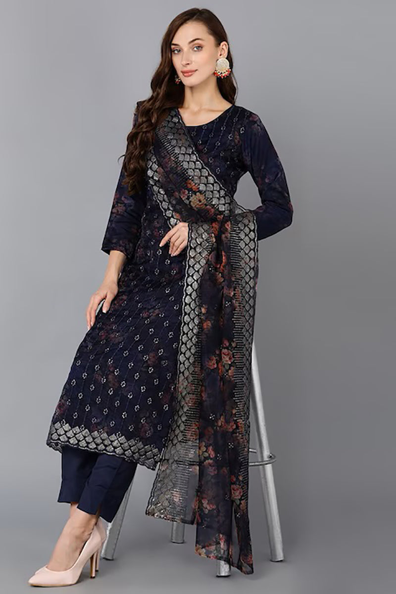 Navy Blue Organza Ethnic Motifs Straight Suit Set PKSKD1804
