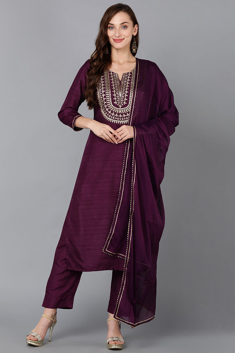 Silk Blend Purple Embroidered Straight Kurta Pant With Dupatta PKSKD1807