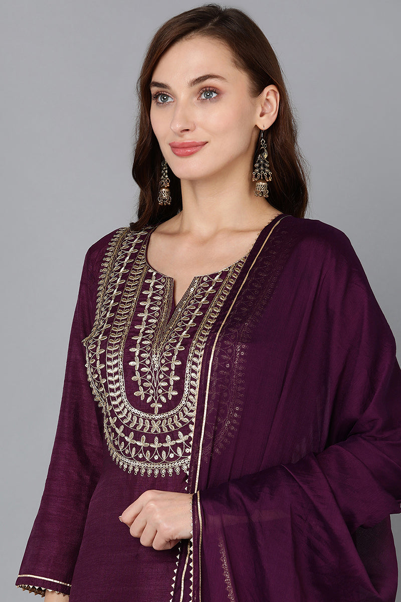 Silk Blend Purple Embroidered Straight Kurta Pant With Dupatta PKSKD1807