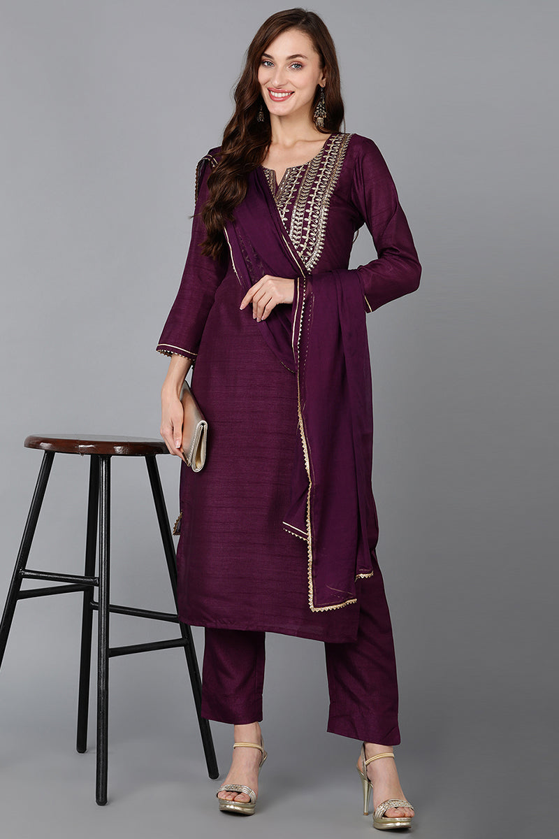 Silk Blend Purple Embroidered Straight Kurta Pant With Dupatta PKSKD1807