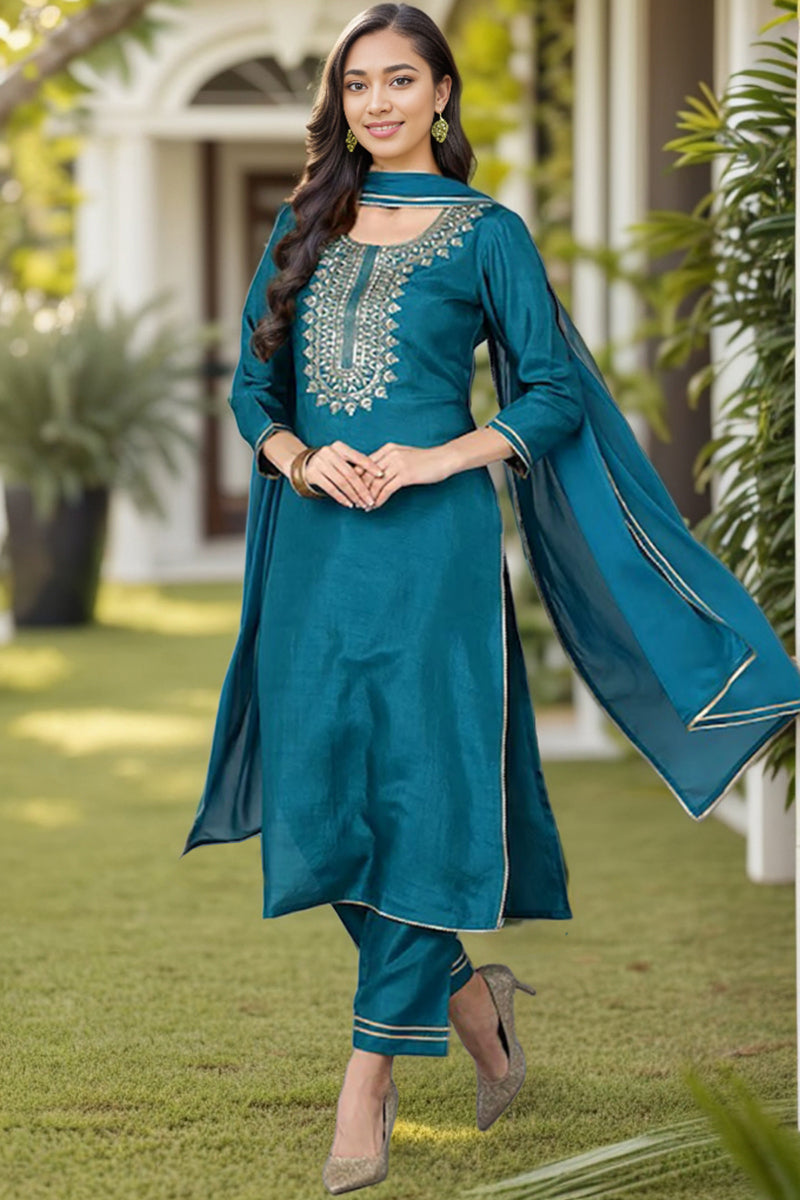 Teal Silk Blend Solid Straight Suit Set PKSKD1810