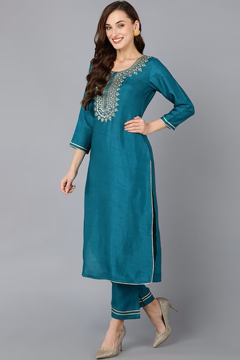 Teal Silk Blend Solid Straight Suit Set PKSKD1810