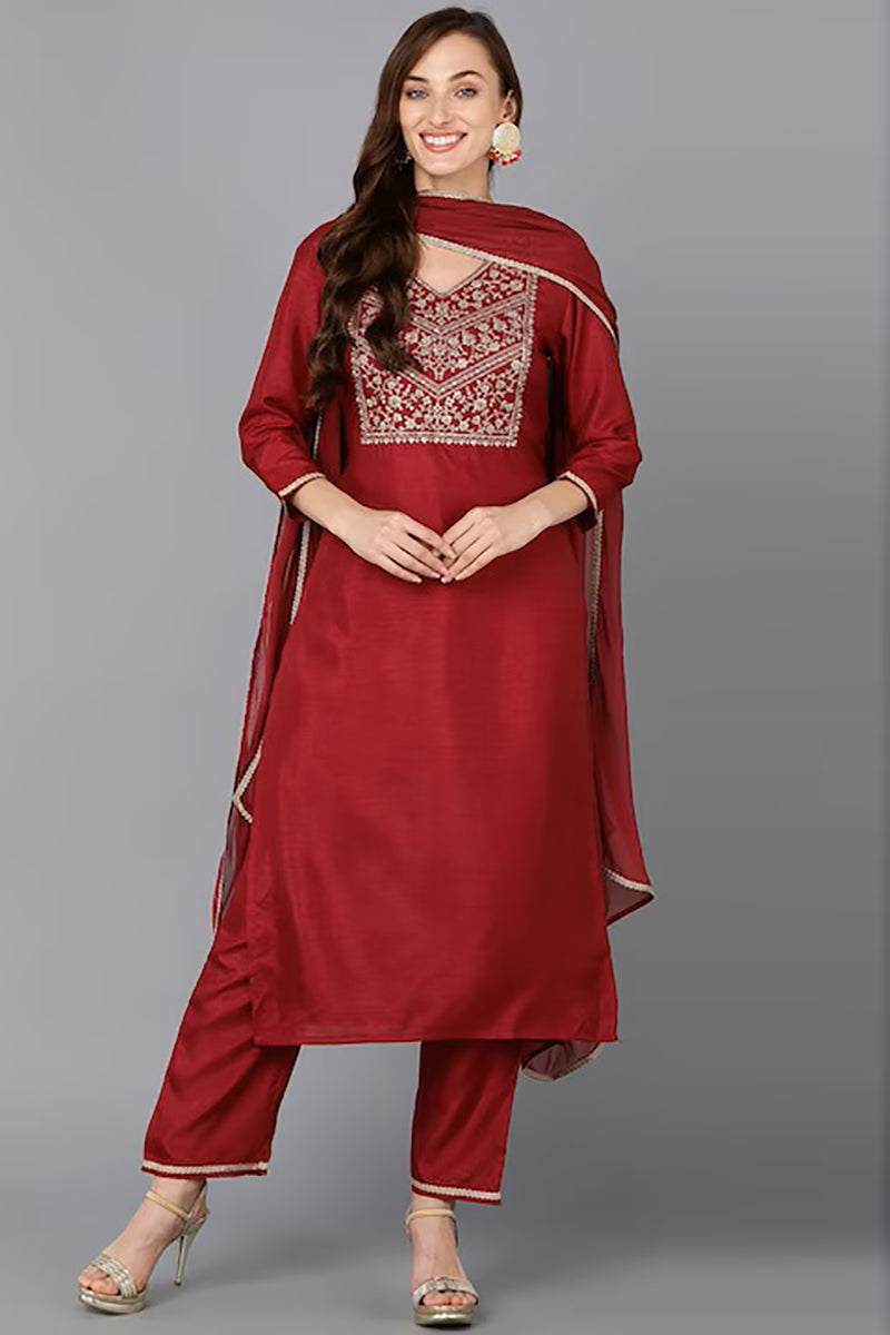Maroon Silk Blend Solid Straight Suit Set PKSKD1811