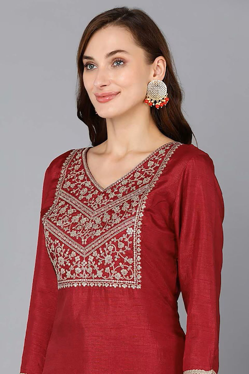 Maroon Silk Blend Solid Straight Suit Set PKSKD1811