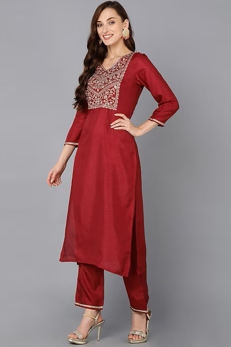 Maroon Silk Blend Solid Straight Suit Set PKSKD1811
