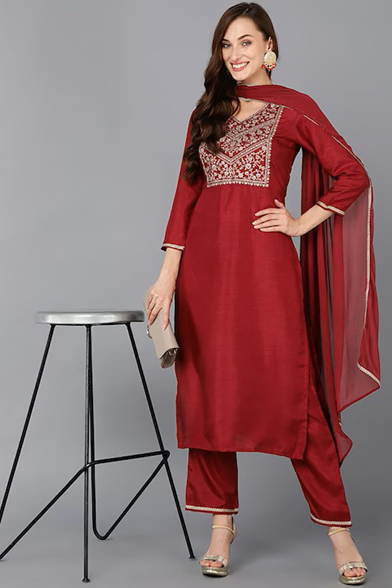 Maroon Silk Blend Solid Straight Suit Set PKSKD1811
