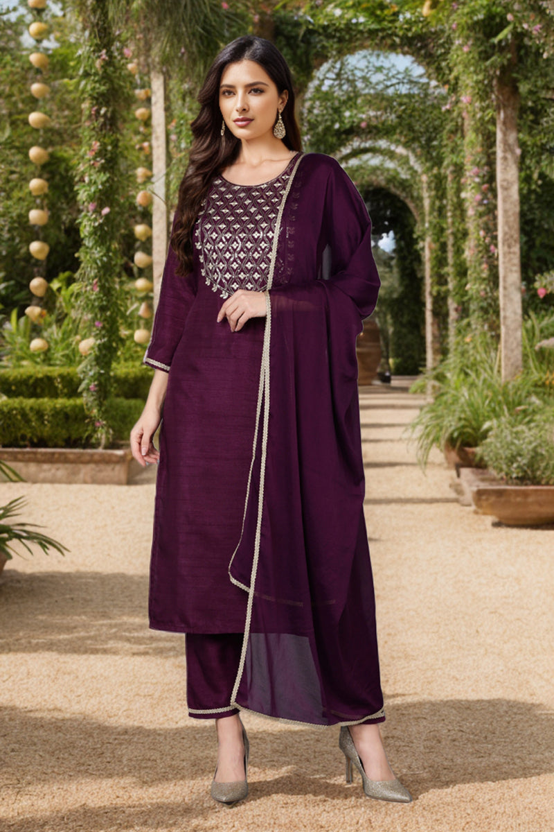 Silk Blend Purple Embroidered Straight Kurta Pant With Dupatta PKSKD1812