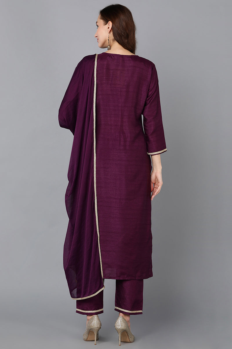 Silk Blend Purple Embroidered Straight Kurta Pant With Dupatta PKSKD1812