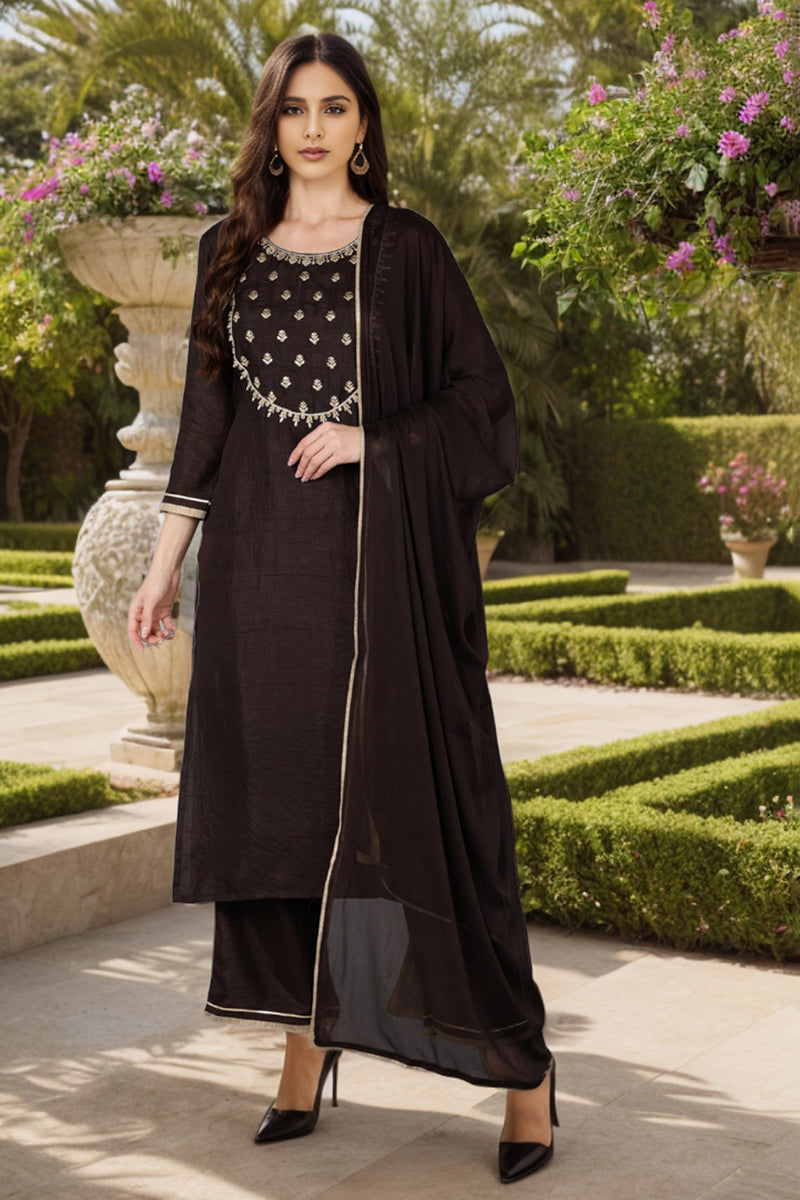 Silk Blend Black Embroidered Straight Kurta Pant With Dupatta PKSKD1814