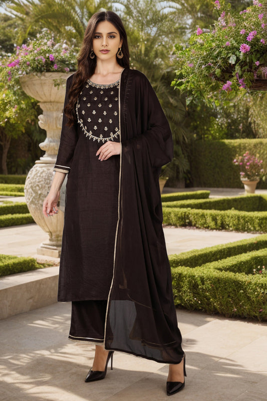 Silk Blend Black Embroidered Straight Kurta Pant With Dupatta PKSKD1814