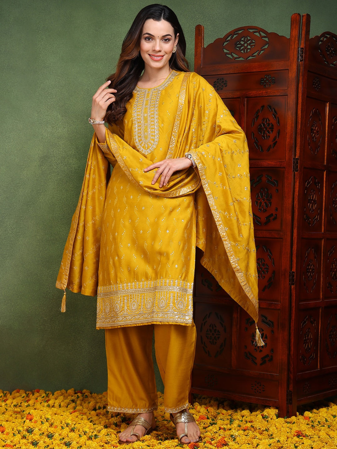 Silk Blend Mustard Embroidered Straight Kurta Pant With Dupatta PKSKD1817