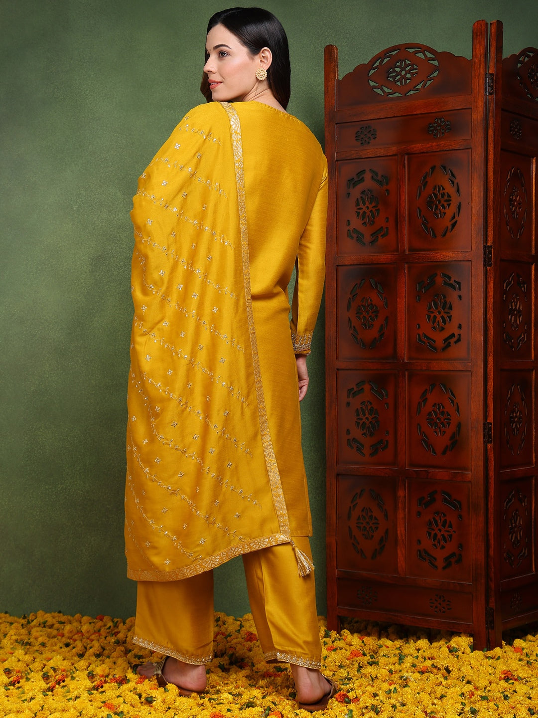 Silk Blend Mustard Embroidered Straight Kurta Pant With Dupatta PKSKD1817