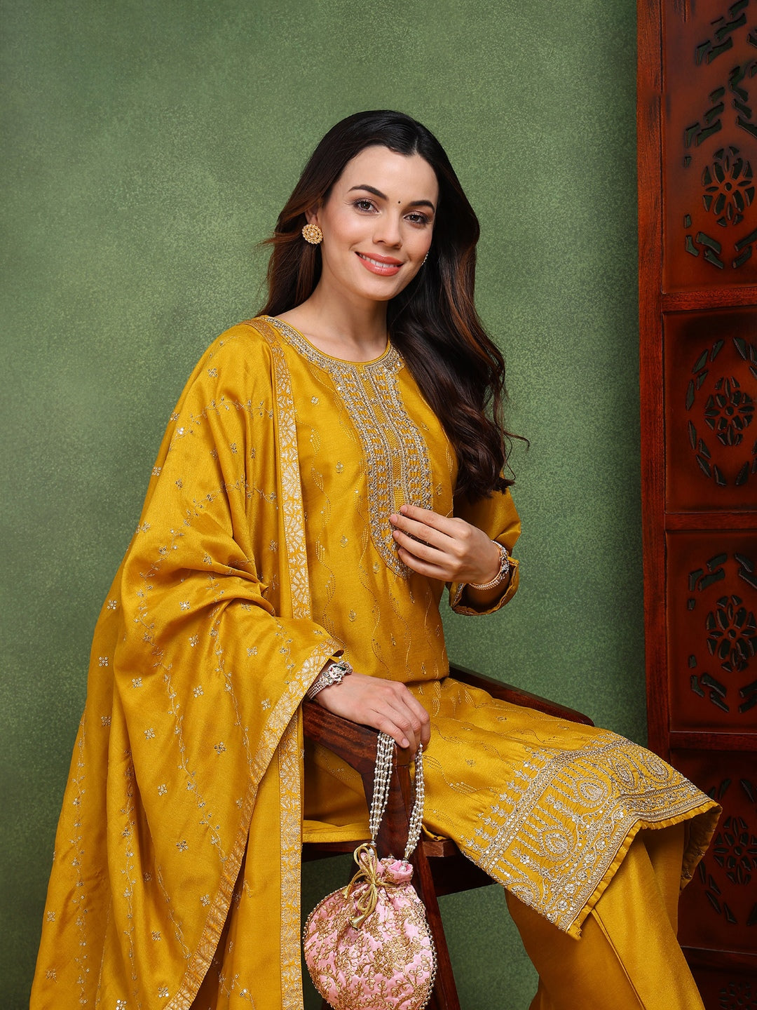 Silk Blend Mustard Embroidered Straight Kurta Pant With Dupatta PKSKD1817