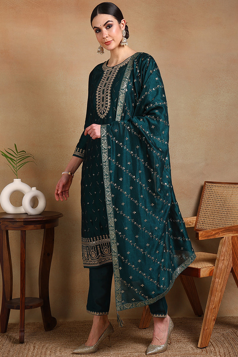 Green Silk Blend Embroidered Straight Suit Set PKSKD1818