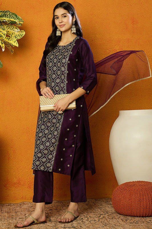 Purple Silk Blend Ethnic Motifs Straight Suit Set PKSKD1826