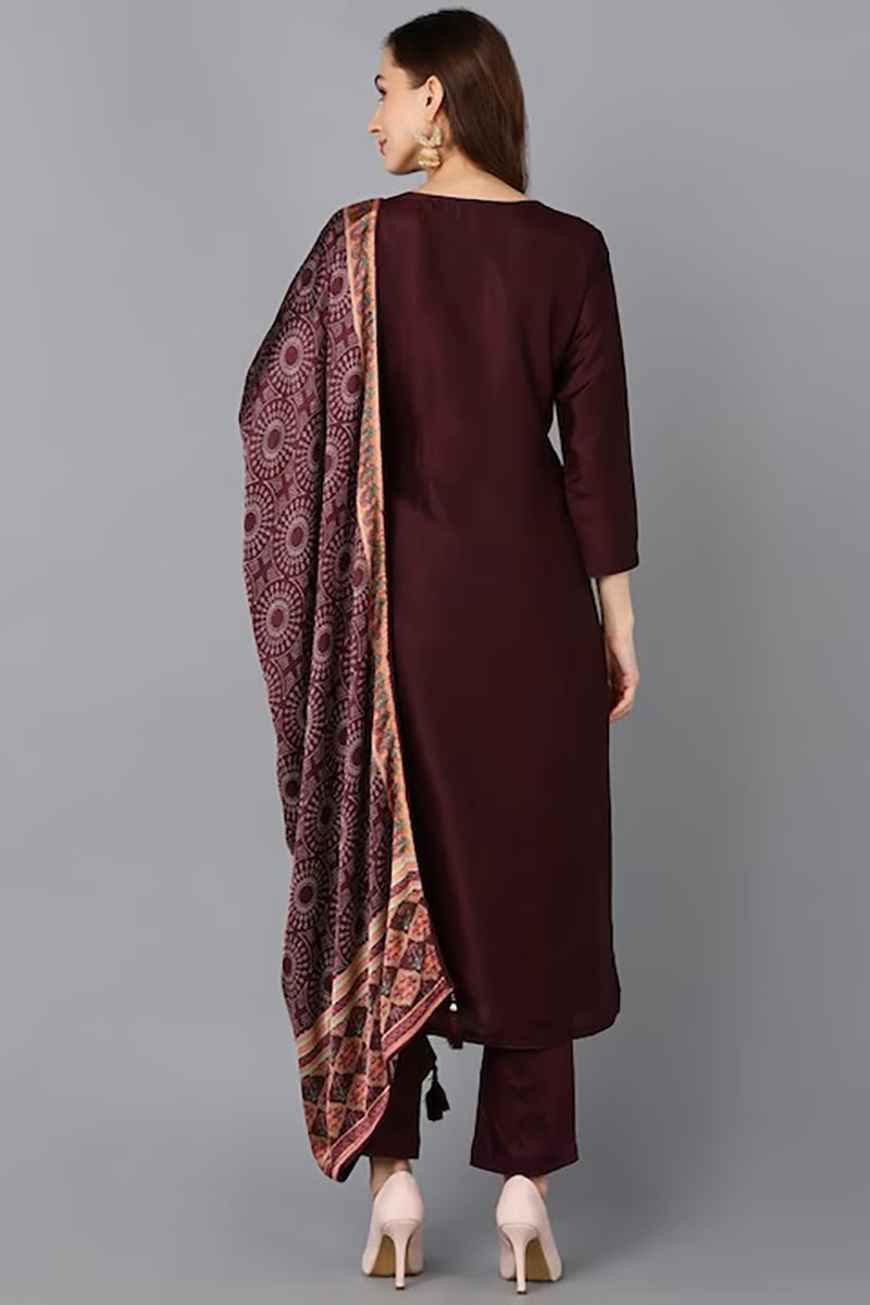 Maroon Silk Blend Ethnic Motifs Straight Suit Set PKSKD1846