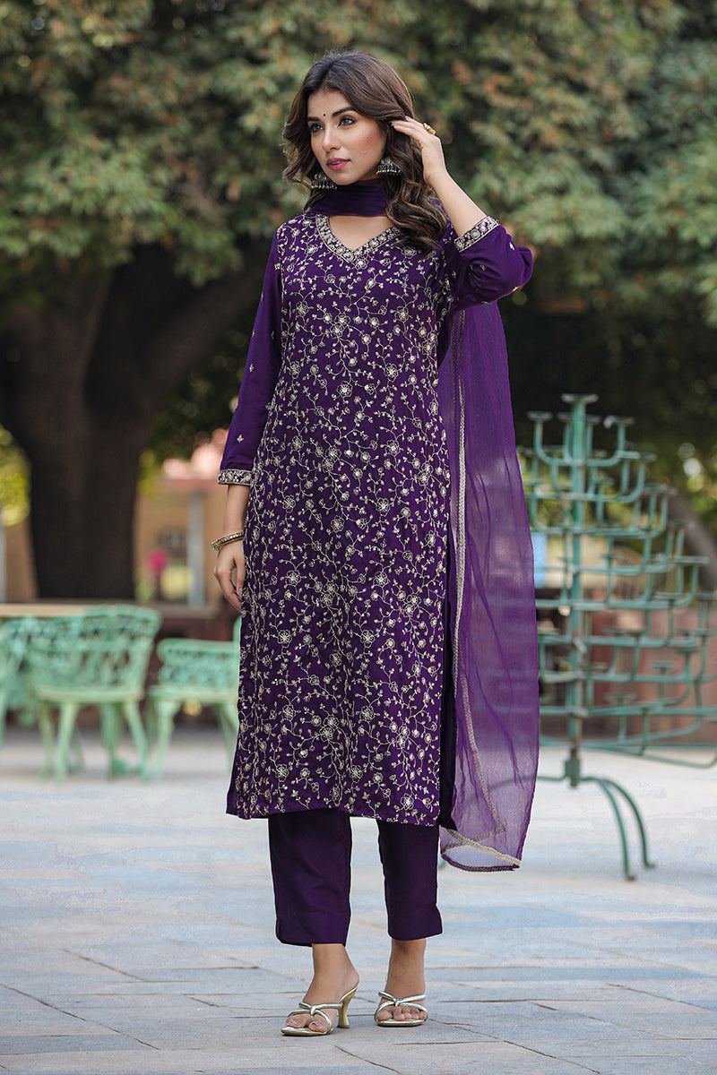 Purple Silk Blend Ethnic Motifs Straight Suit Set PKSKD1848