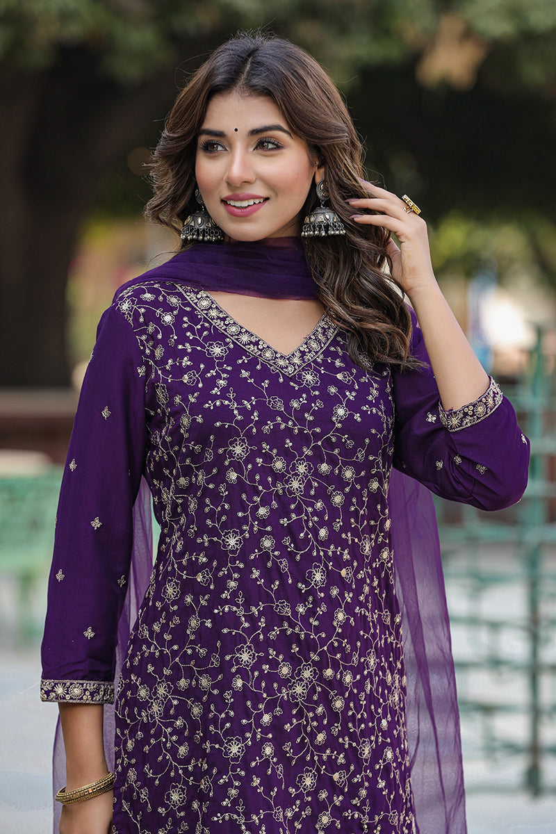 Purple Silk Blend Ethnic Motifs Straight Suit Set PKSKD1848