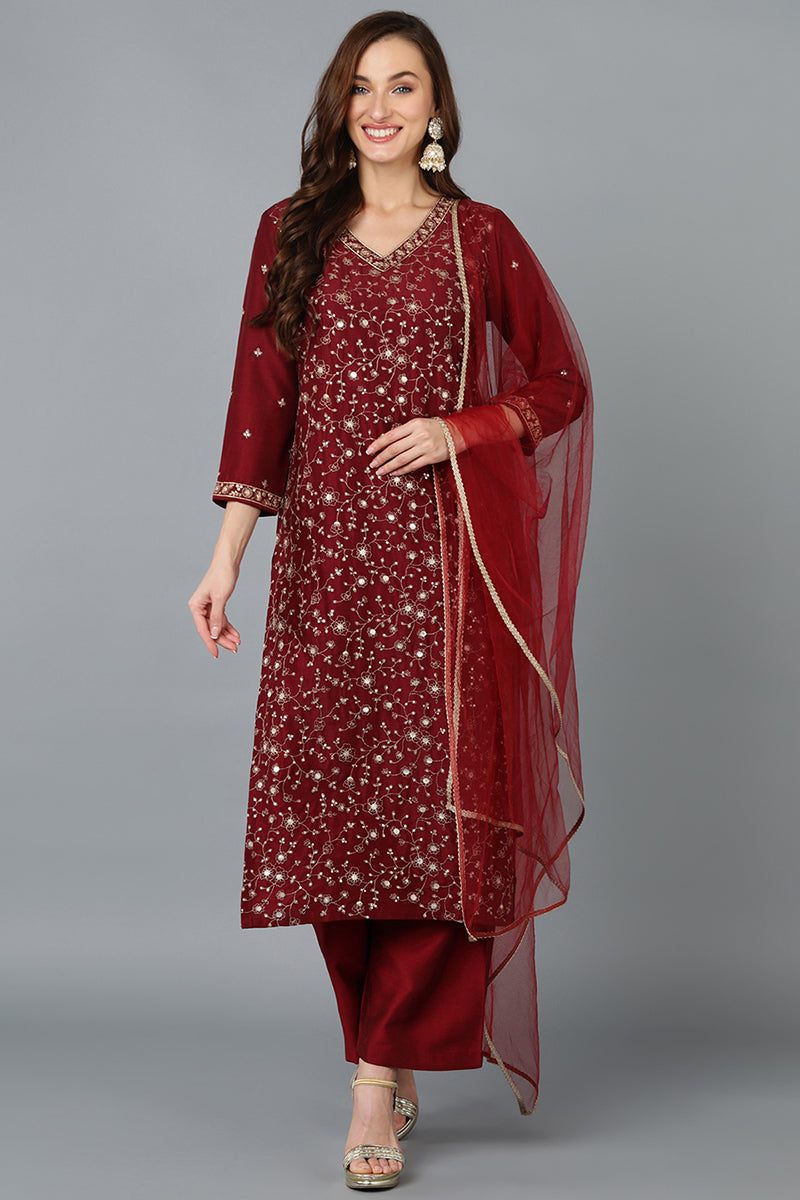 Silk Blend Maroon Embroidered Straight Kurta Pant With Dupatta PKSKD1849