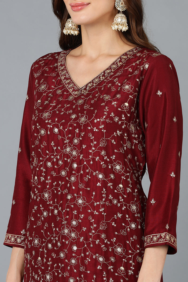 Silk Blend Maroon Embroidered Straight Kurta Pant With Dupatta PKSKD1849