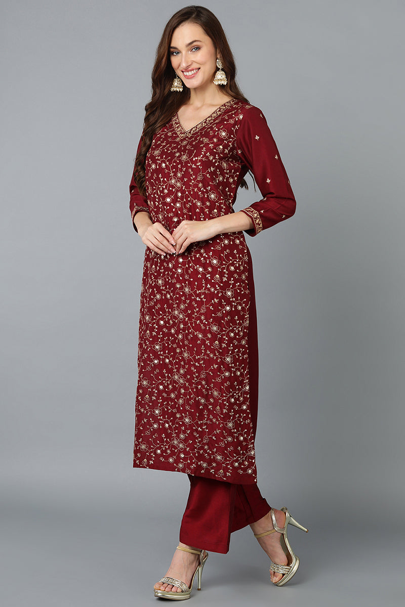 Silk Blend Maroon Embroidered Straight Kurta Pant With Dupatta PKSKD1849