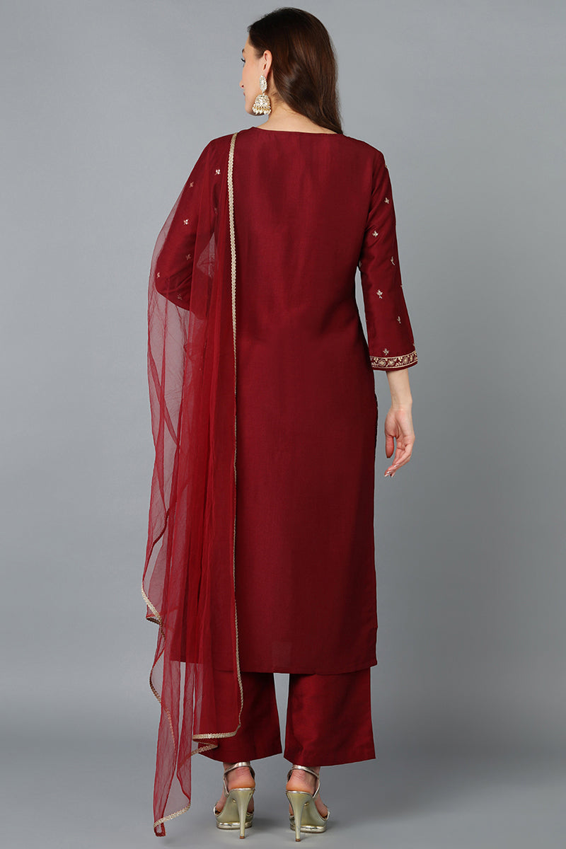 Silk Blend Maroon Embroidered Straight Kurta Pant With Dupatta PKSKD1849