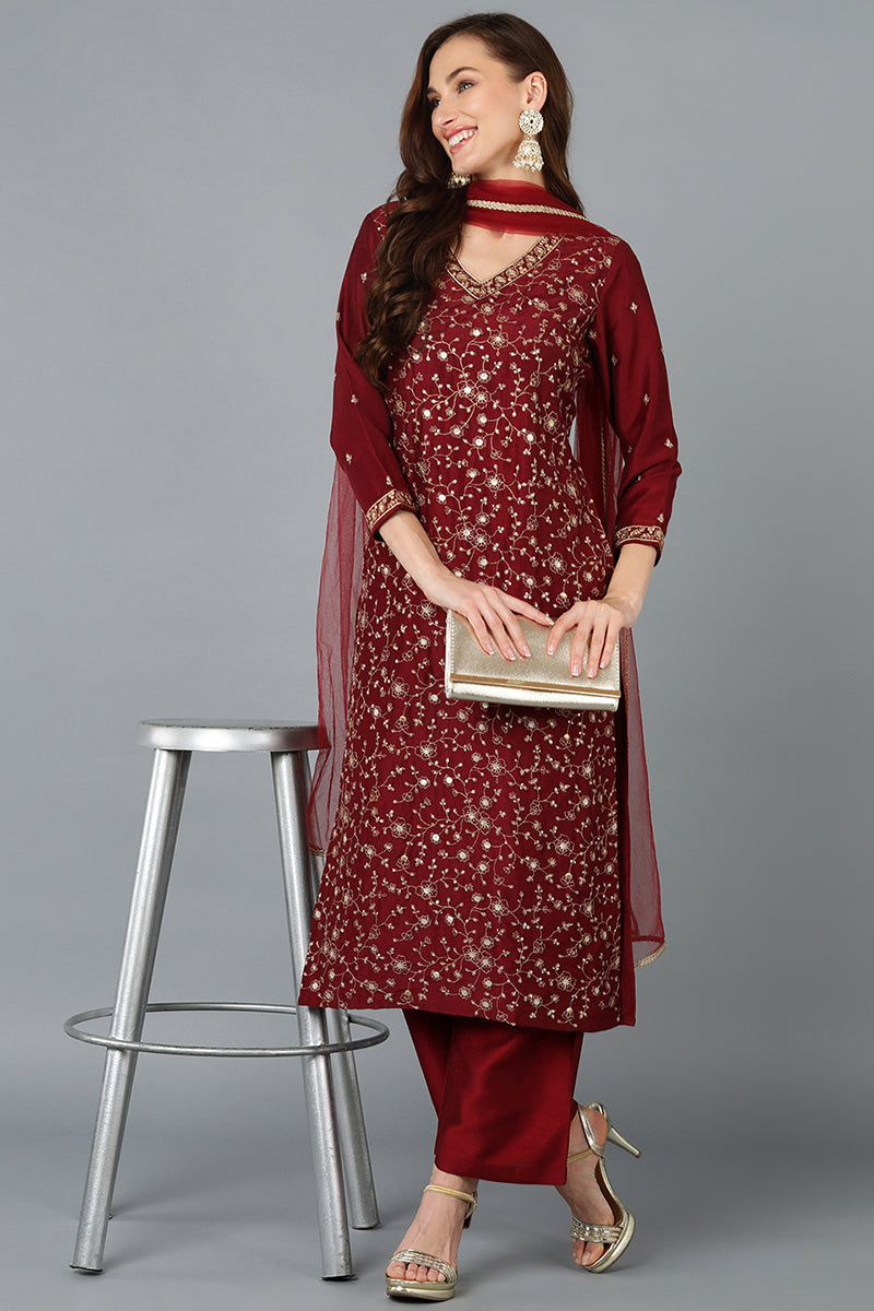 Silk Blend Maroon Embroidered Straight Kurta Pant With Dupatta PKSKD1849