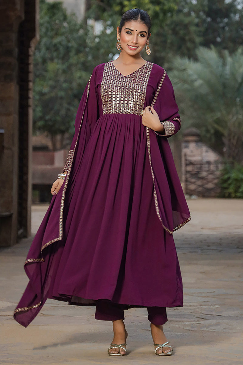Burgundy Georgette Yoke Design Kurta Pant With Dupatta PKSKD1852