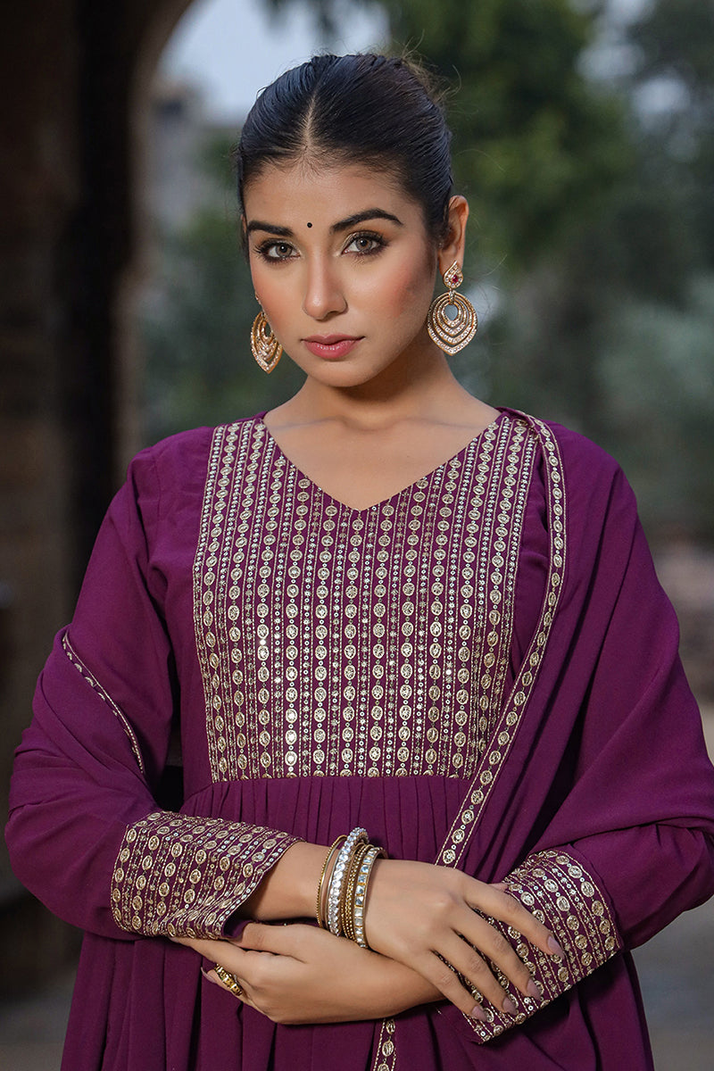 Burgundy Georgette Yoke Design Kurta Pant With Dupatta PKSKD1852