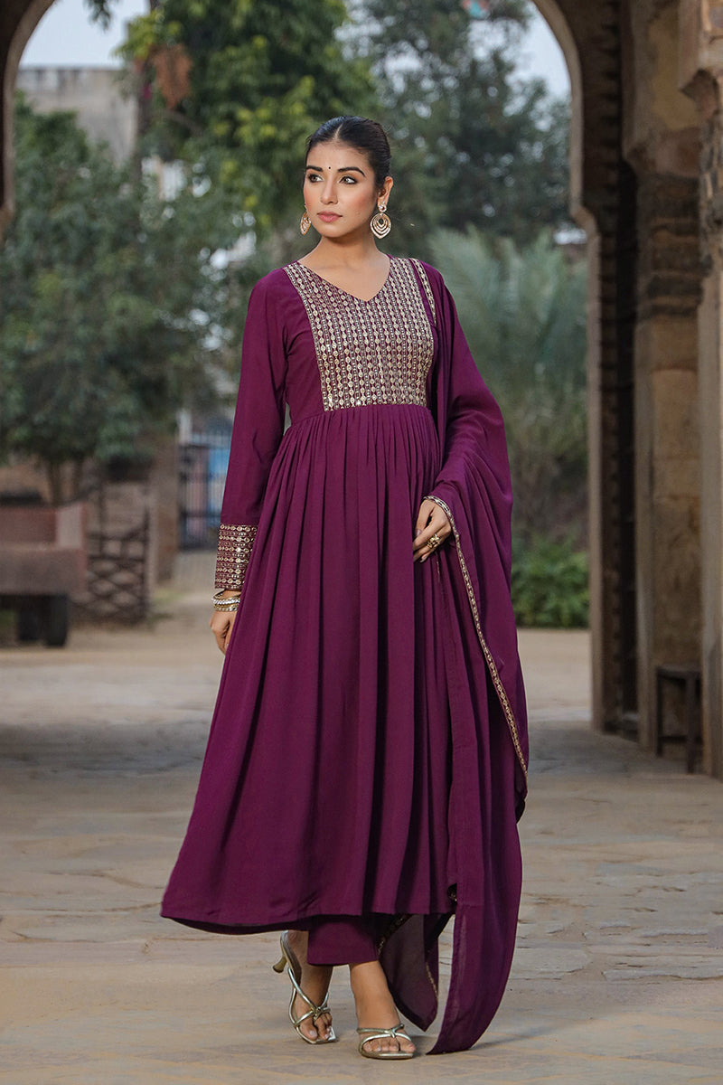 Burgundy Georgette Yoke Design Kurta Pant With Dupatta PKSKD1852