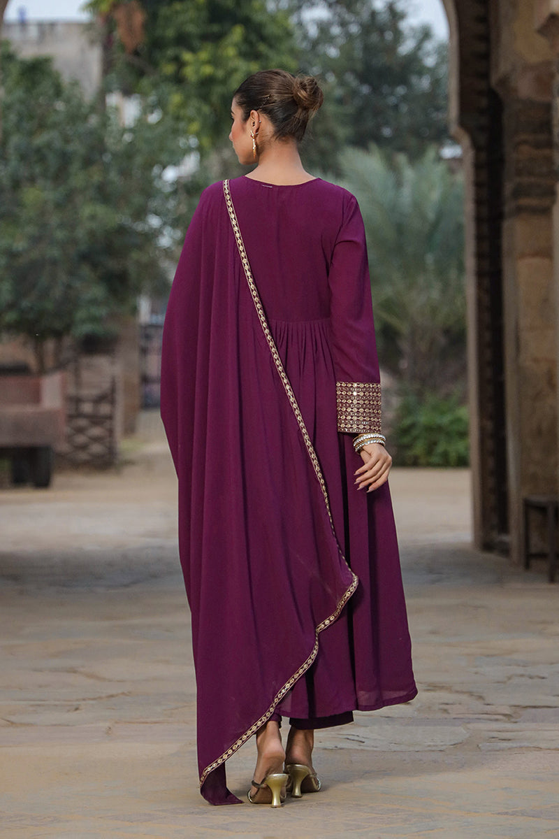 Burgundy Georgette Yoke Design Kurta Pant With Dupatta PKSKD1852