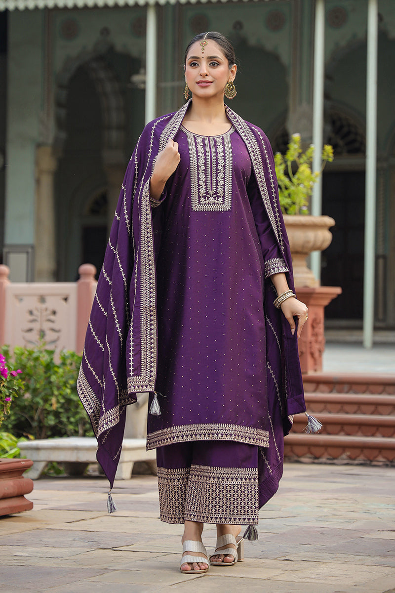 Purple Silk Blend Straight Kurta Palazzo With Dupatta PKSKD1859