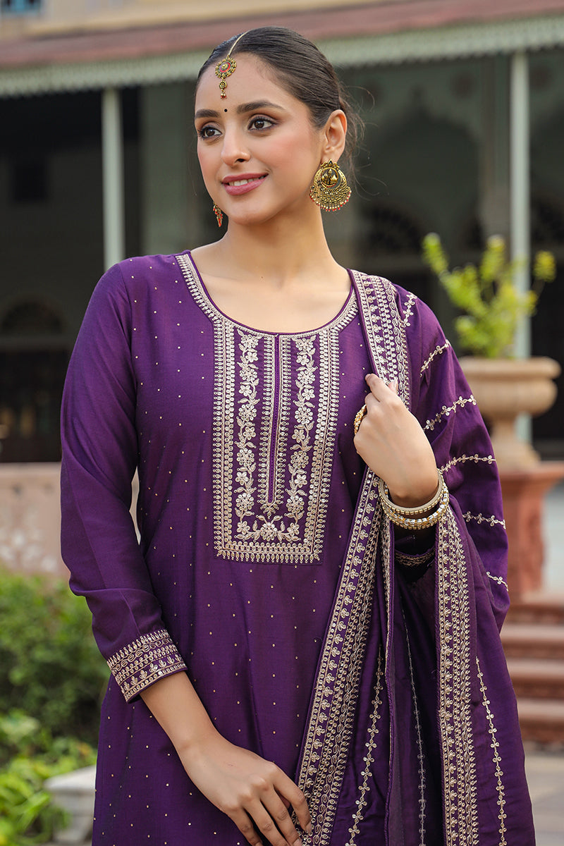 Purple Silk Blend Straight Kurta Palazzo With Dupatta PKSKD1859