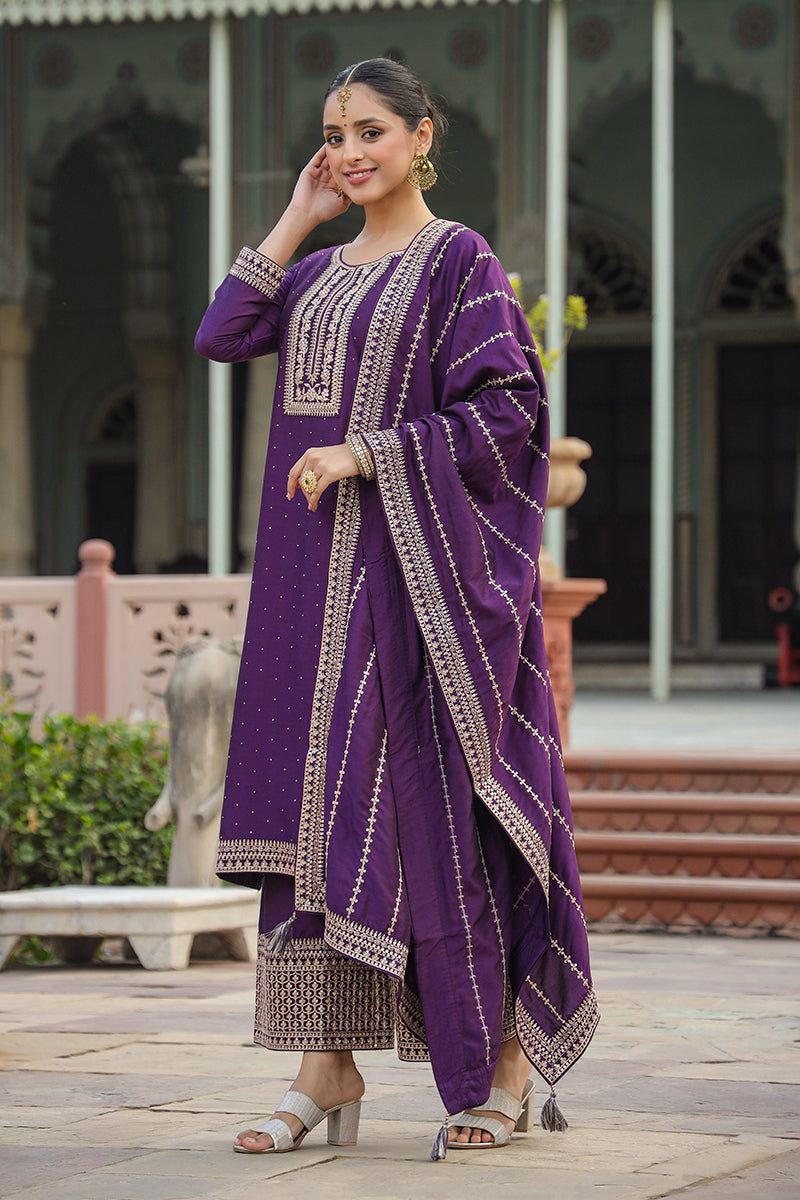 Purple Silk Blend Straight Kurta Palazzo With Dupatta PKSKD1859