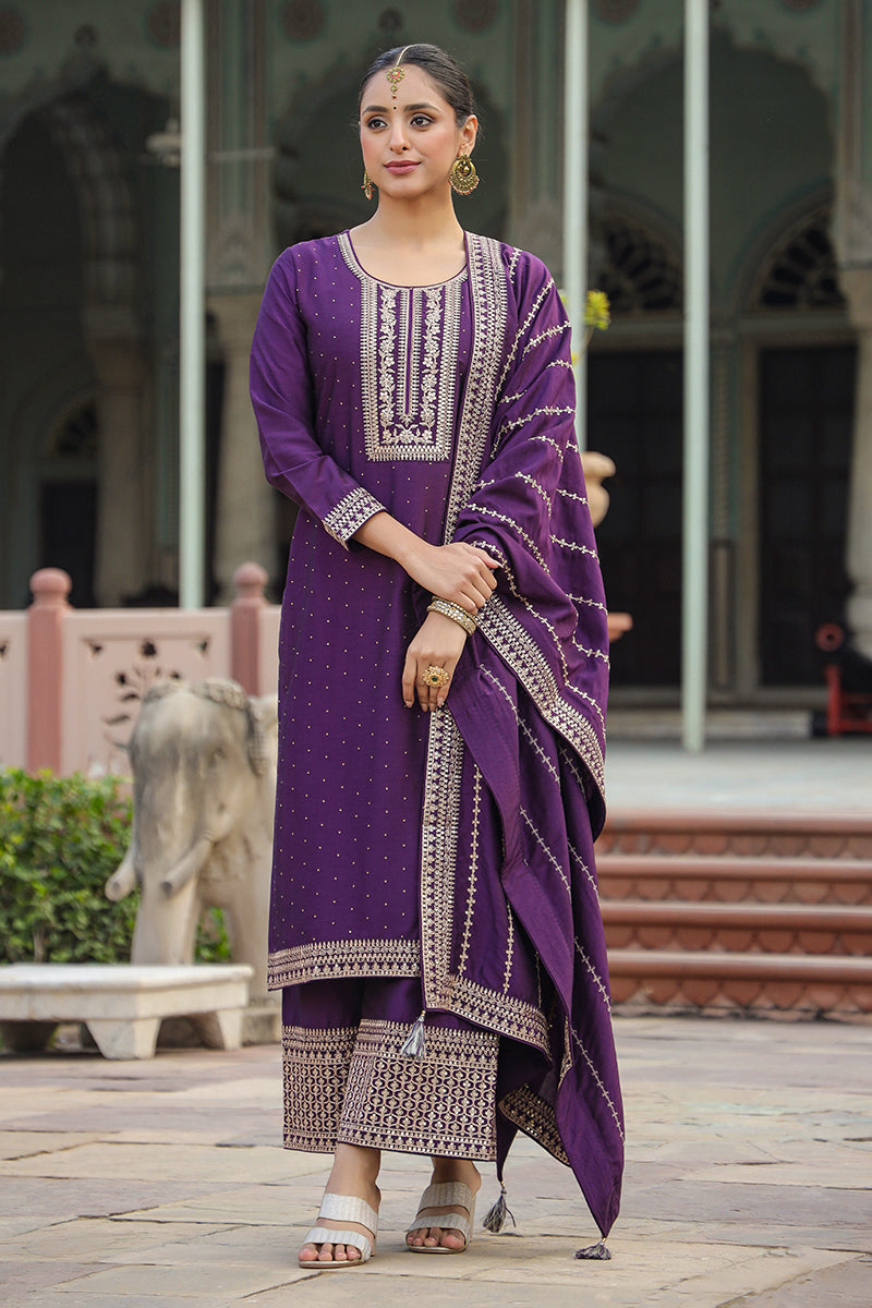 Purple Silk Blend Straight Kurta Palazzo With Dupatta PKSKD1859