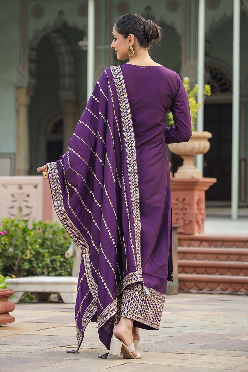 Purple Silk Blend Straight Kurta Palazzo With Dupatta PKSKD1859