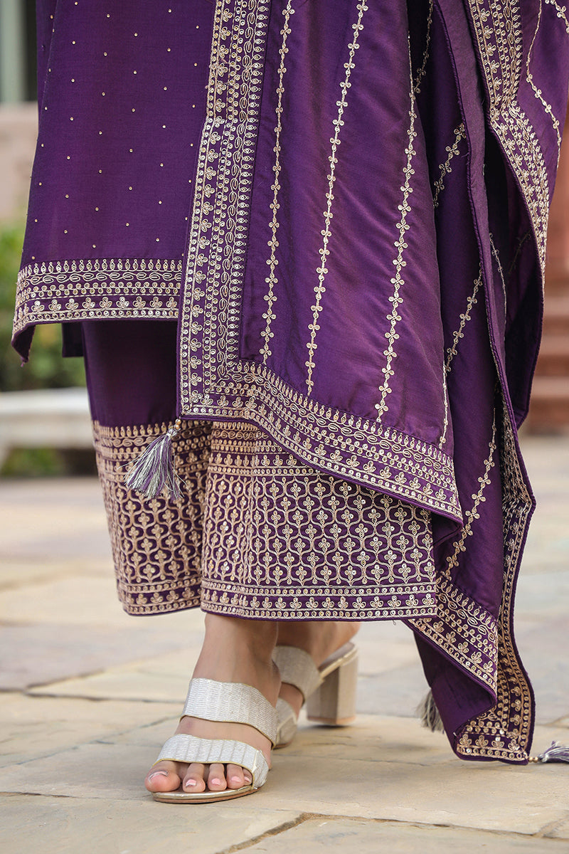 Purple Silk Blend Straight Kurta Palazzo With Dupatta PKSKD1859