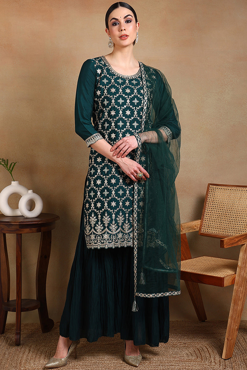 Green Silk Blend Embroidered Kurta Sharara With Dupatta PKSKD1865
